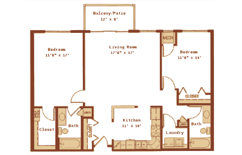 Floor plan for 2 beds, 2 baths, 1115 sqft