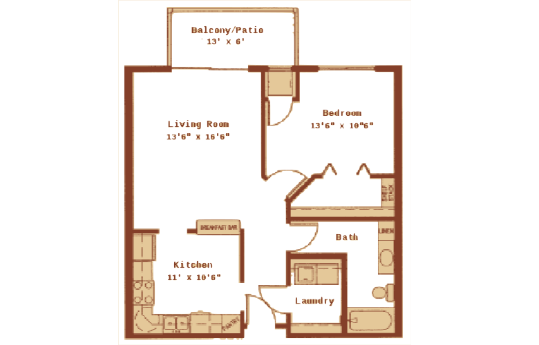 Floor plan for 1 bed, 1 bath, 741 sqft