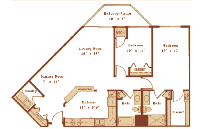 Floor plan for 2 beds, 2 baths, 1109 sqft
