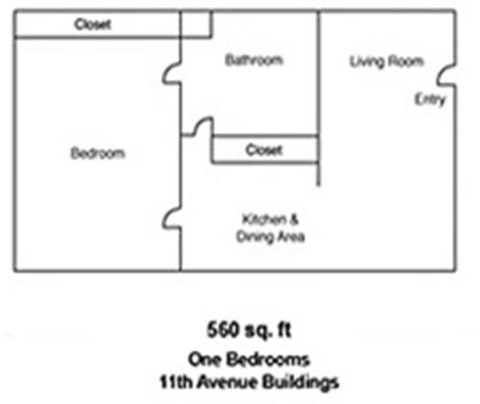 Floor plan for 1 bed, 1 bath, 560 sqft