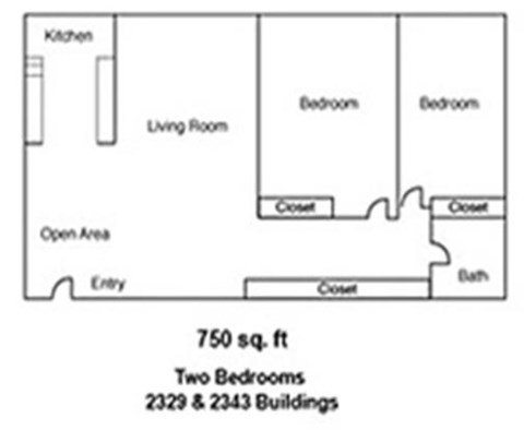 Floor plan for 2 beds, 1 bath, 750 sqft