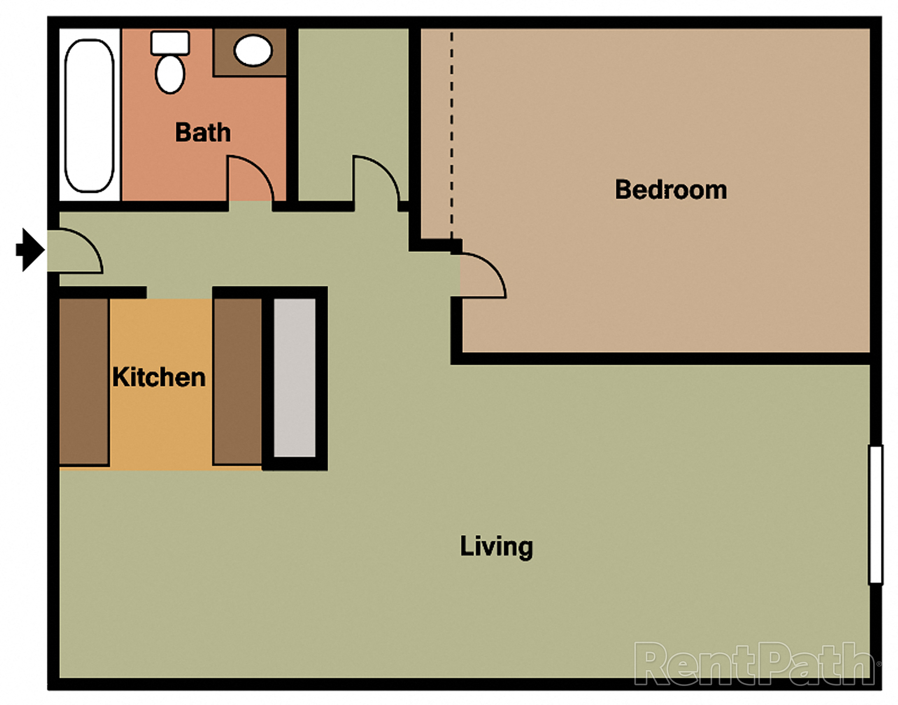 Floor plan for 1 bed, 1 bath, 740 sqft