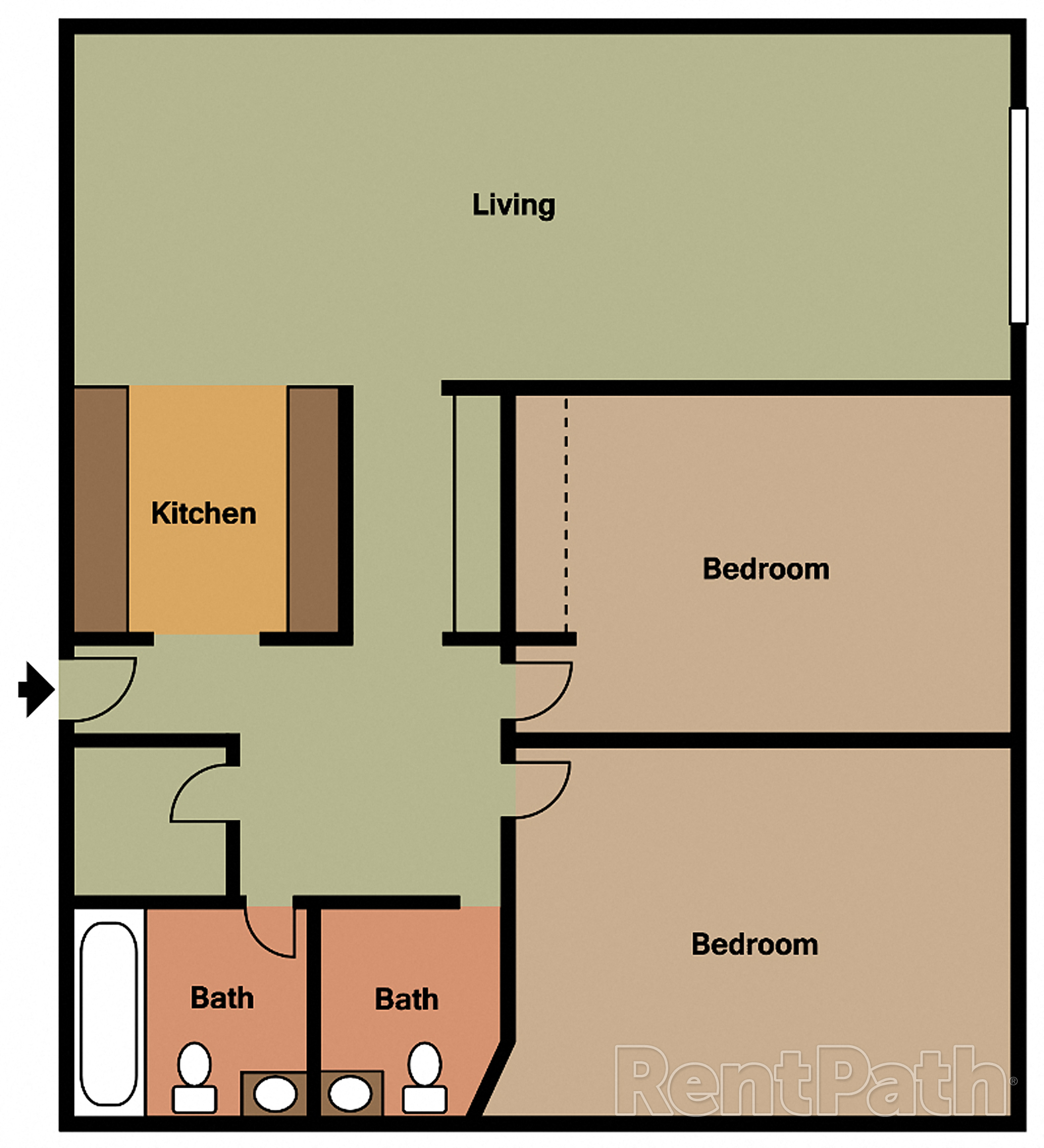 Floor plan for 2 beds, 1.5 baths, 1100 sqft