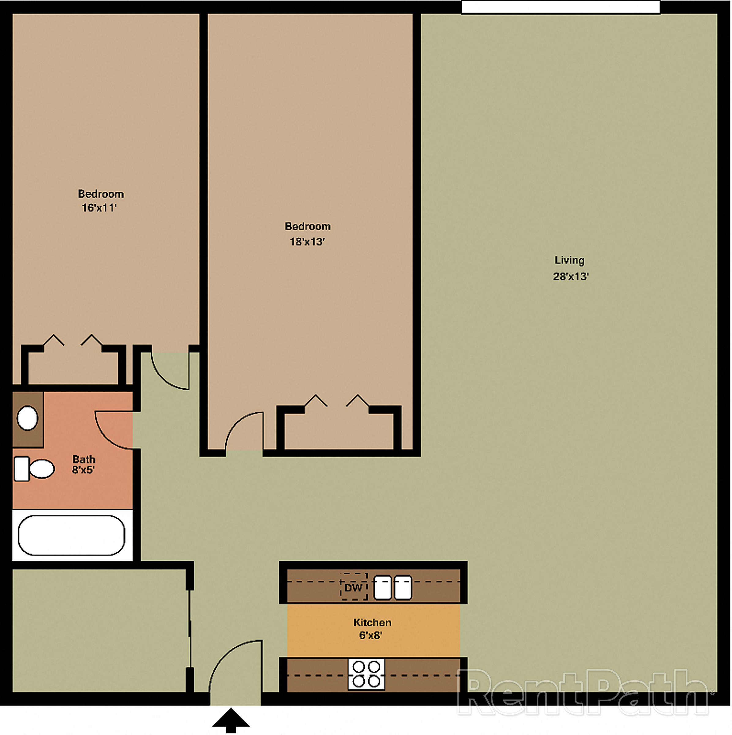 Floor plan for 2 beds, 1 bath, 1050 sqft