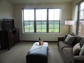 Brookfield apartment for rent - a living room with a couch and a table with a bottle of wine