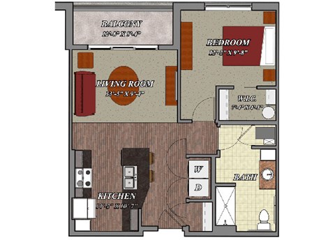 Floor plan for 1 bed, 1 bath, 702 sqft