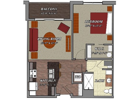 Floor plan for 1 bed, 1 bath, 762 sqft
