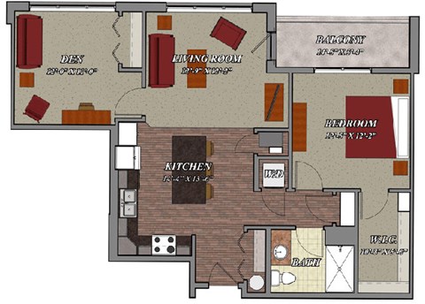Floor plan for 1 bed, 1 bath, 939 sqft