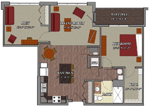 Floor plan for 1 bed, 1 bath, 992 sqft