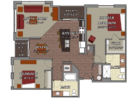 Floor plan for 2 beds, 2 baths, 1285 sqft
