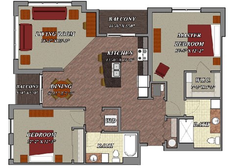 Floor plan for 2 beds, 2 baths, 1253 sqft