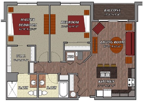 Floor plan for 2 beds, 2 baths, 1071 sqft