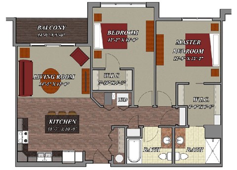 Floor plan for 2 beds, 2 baths, 1141 sqft