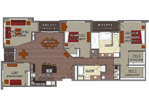 Floor plan for 2 beds, 2 baths, 1961 sqft