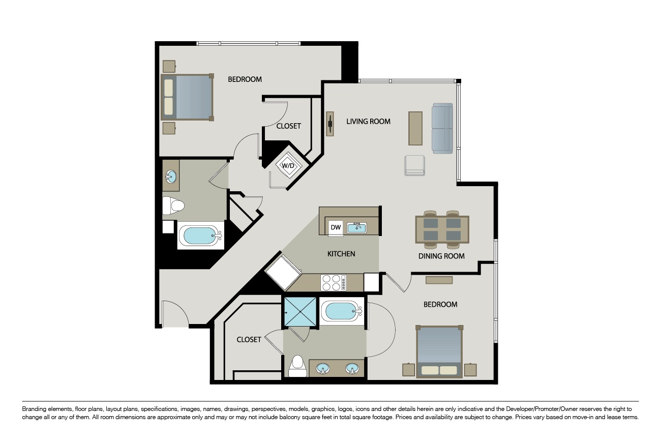 Floor plan for 2 beds, 2 baths, 1222 sqft