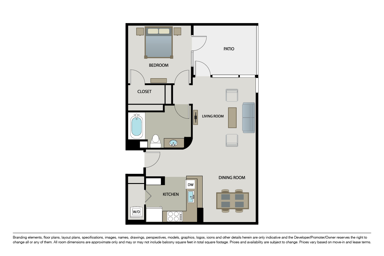 Floor plan for 1 bed, 1 bath, 812 sqft