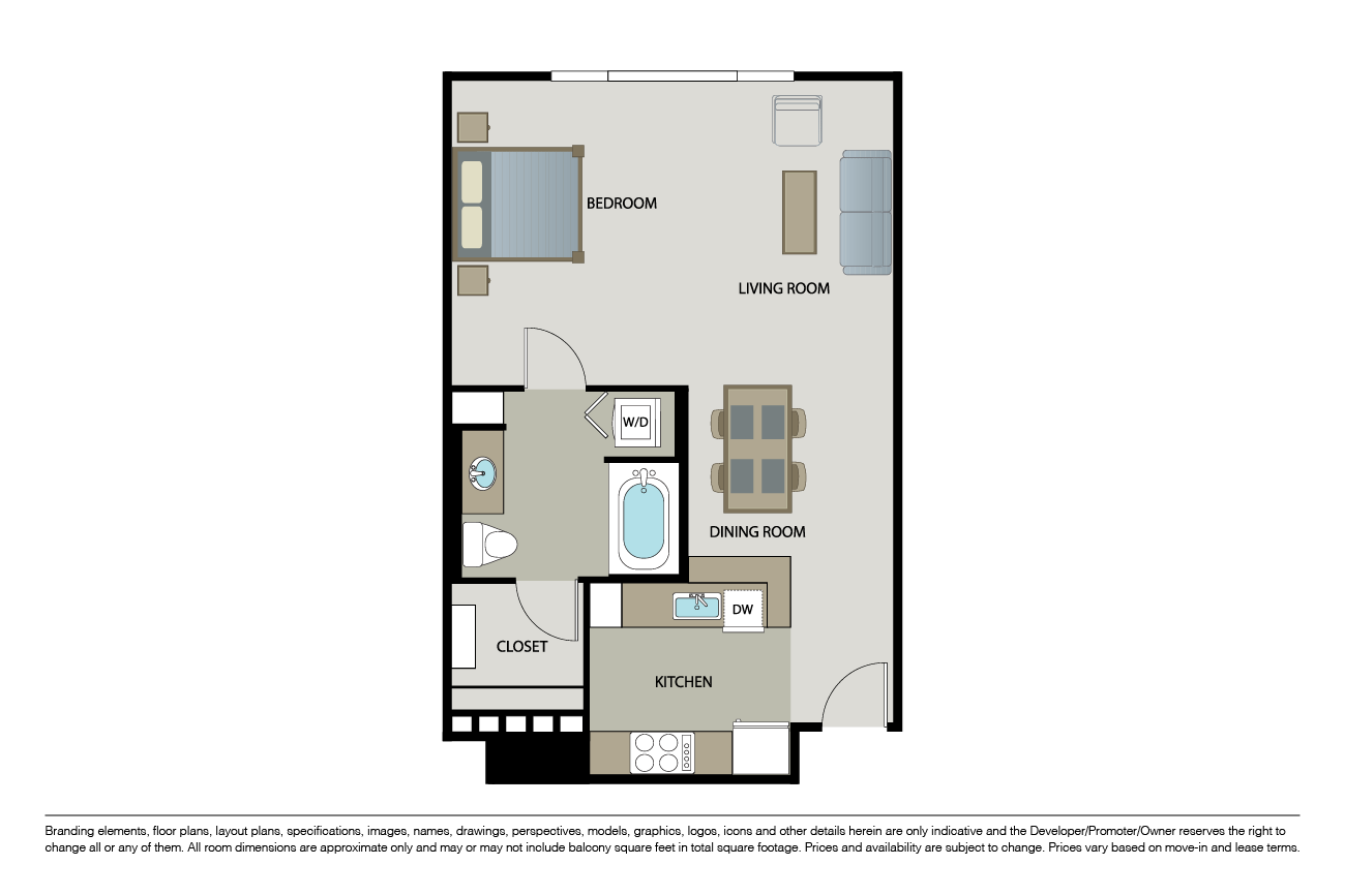 Floor plan for studio, 1 bath, 682 sqft