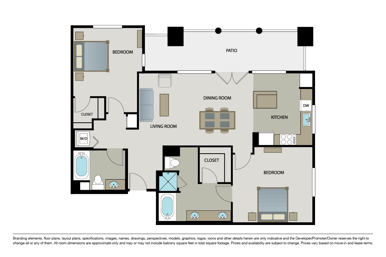 Floor plan for 2 beds, 2 baths, 1174 sqft