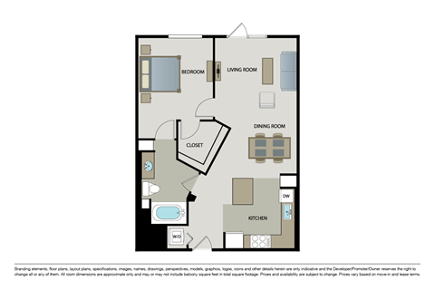 Floor plan for 1 bed, 1 bath, 812 sqft