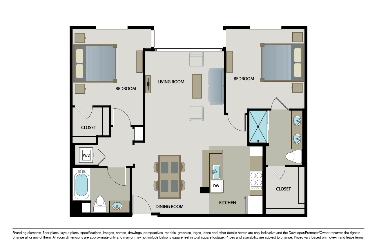 Floor plan for 2 beds, 2 baths, 1115 sqft