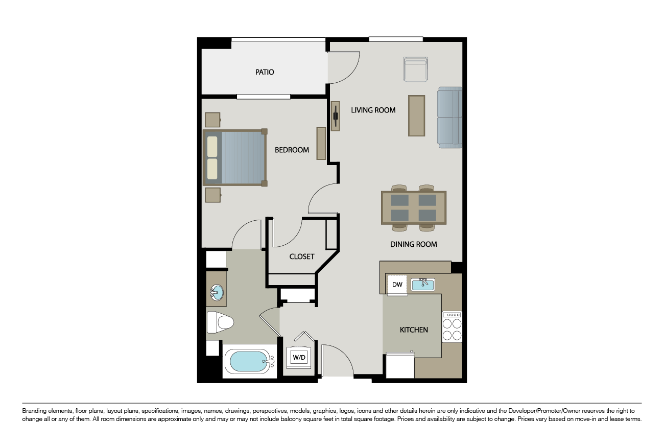 Floor plan for 1 bed, 1 bath, 743 sqft