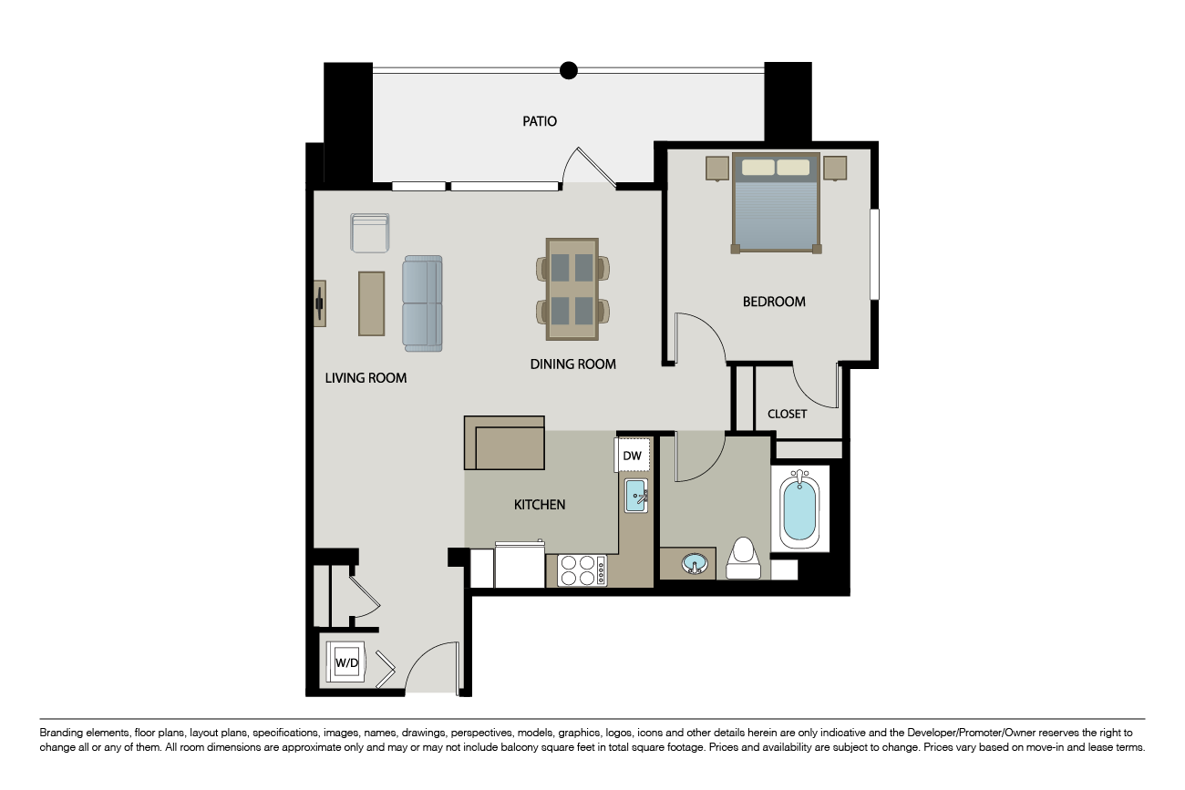 Floor plan for 1 bed, 1 bath, 813 sqft