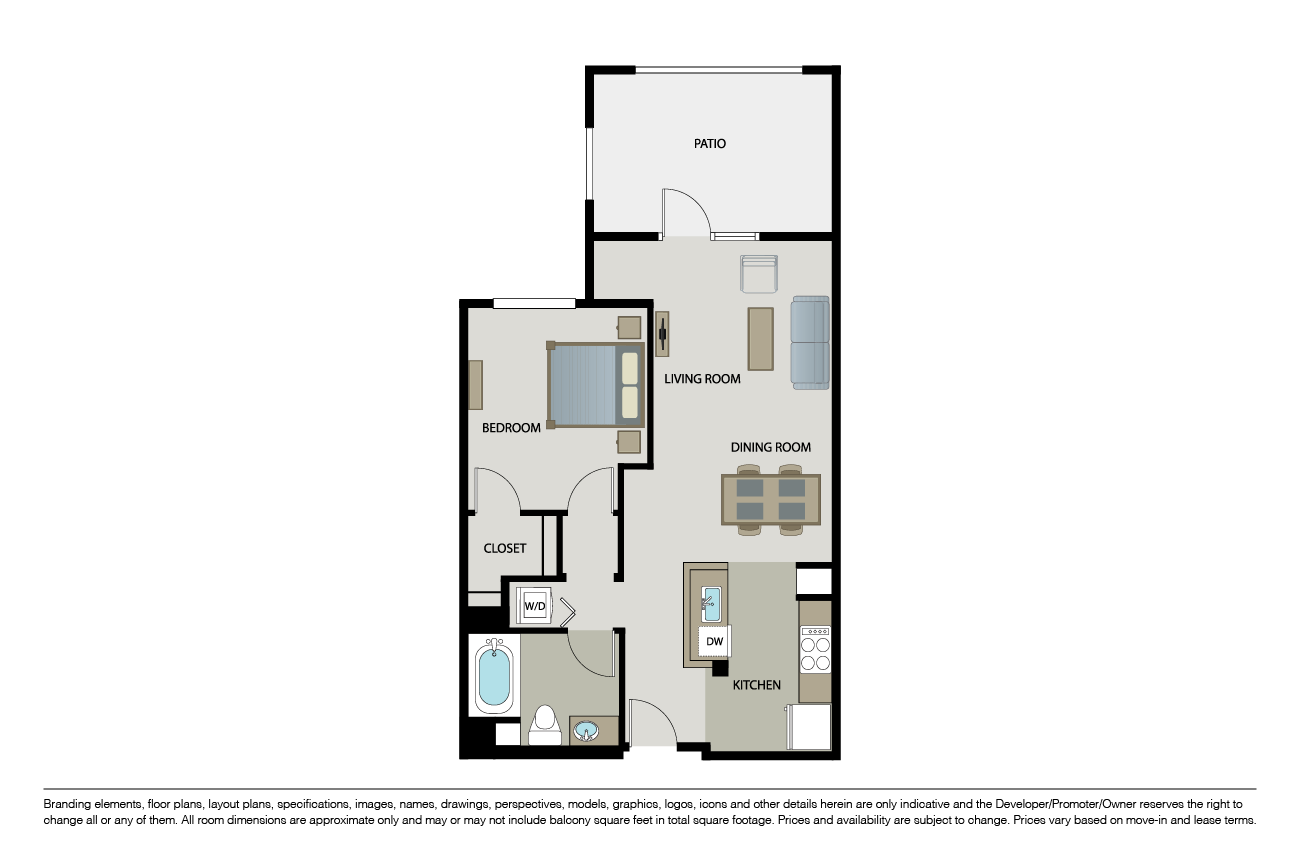 Floor plan for 1 bed, 1 bath, 765 sqft