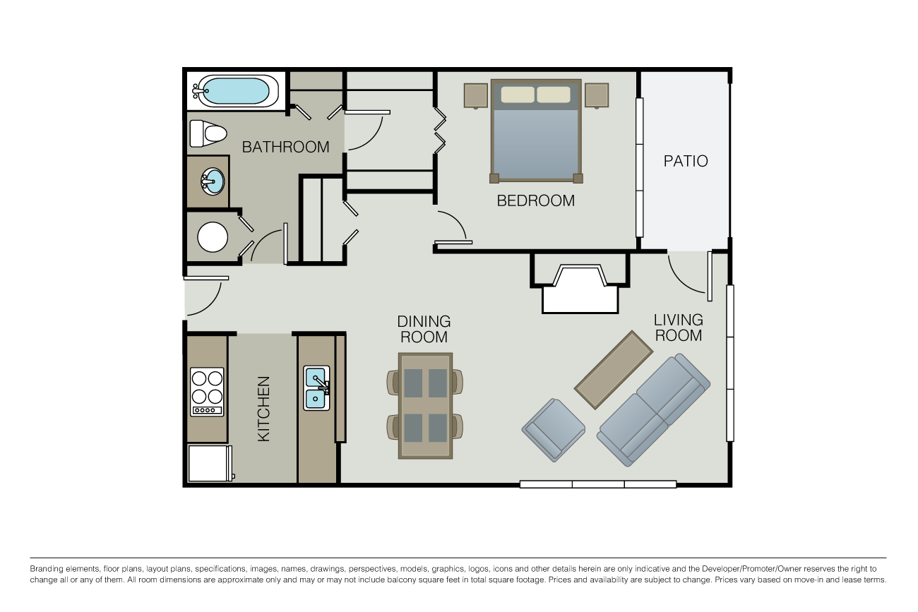 Floor plan for 1 bed, 1 bath, 680 sqft