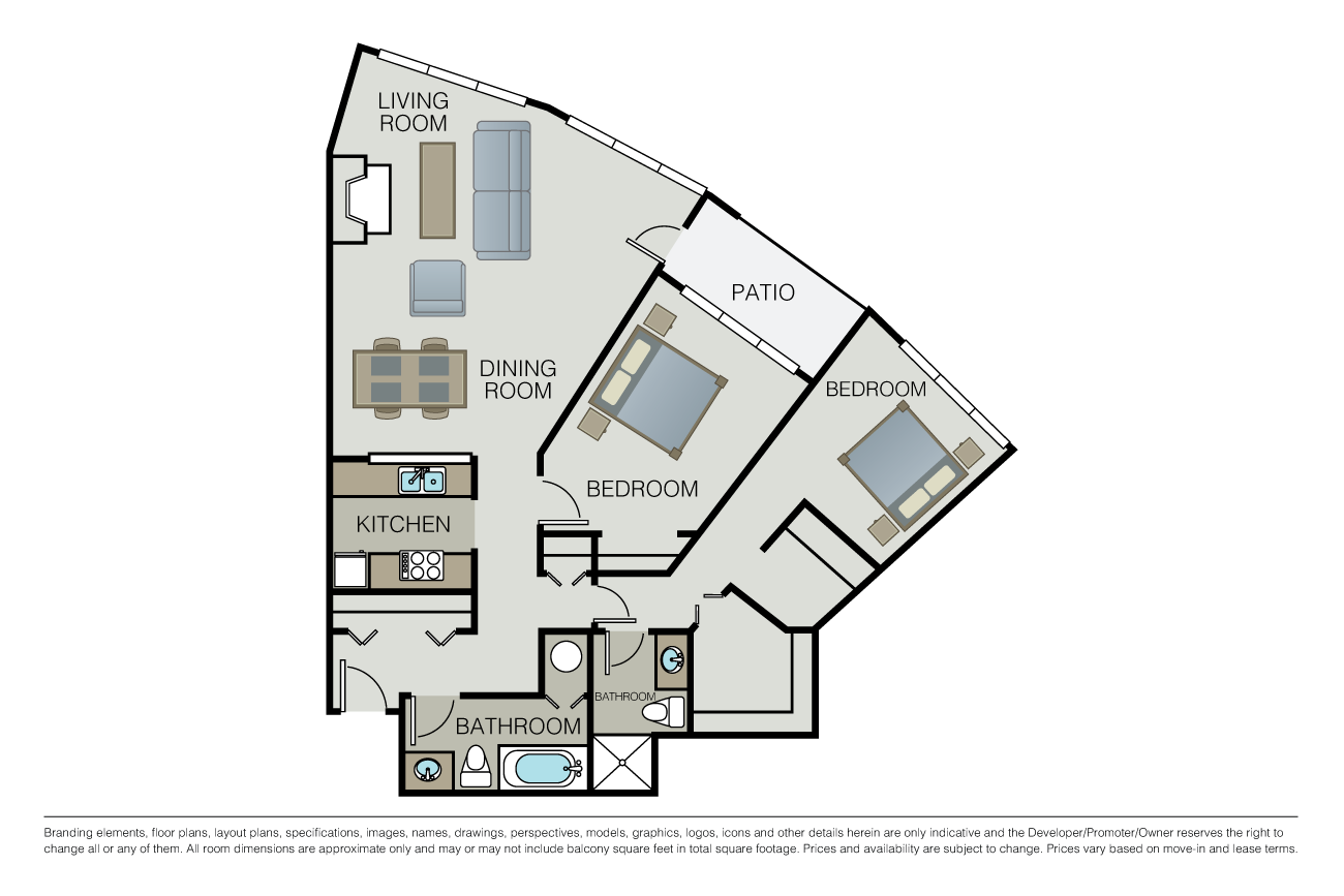 Floor plan for 2 beds, 2 baths, 976 sqft