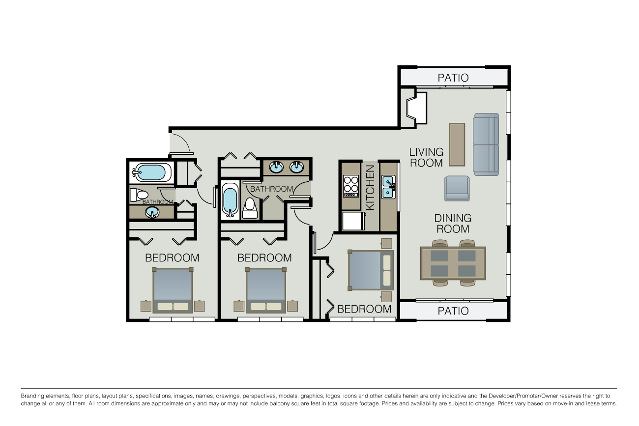 Floor plan for 3 beds, 2 baths, 1229 sqft