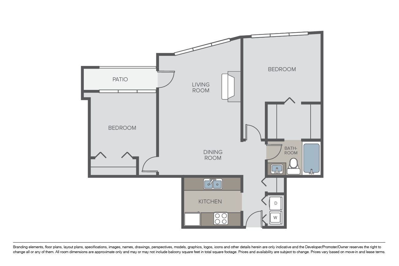 Floor plan for 2 beds, 1 bath, 848 sqft