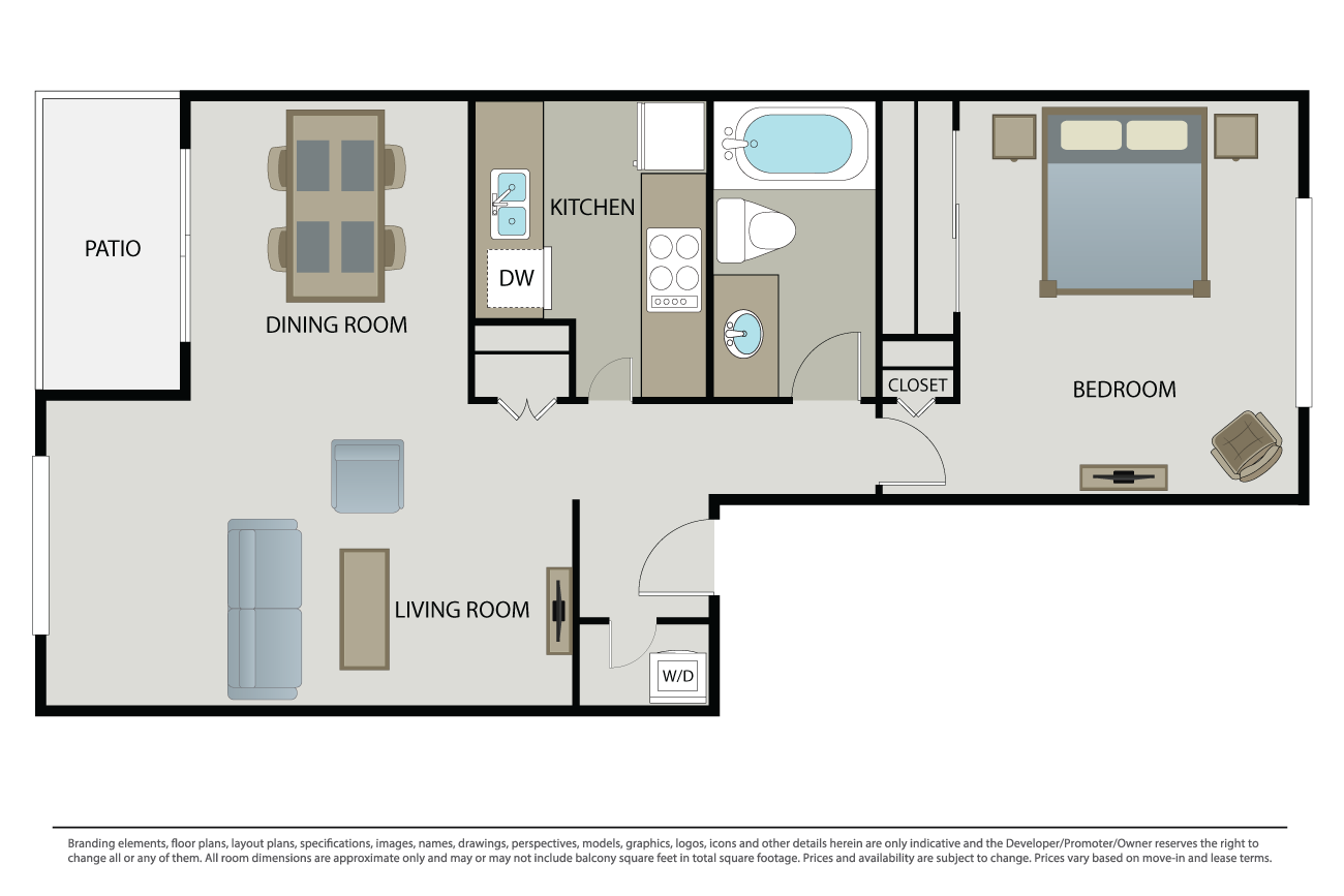 Floor plan for 1 bed, 1 bath, 700 sqft