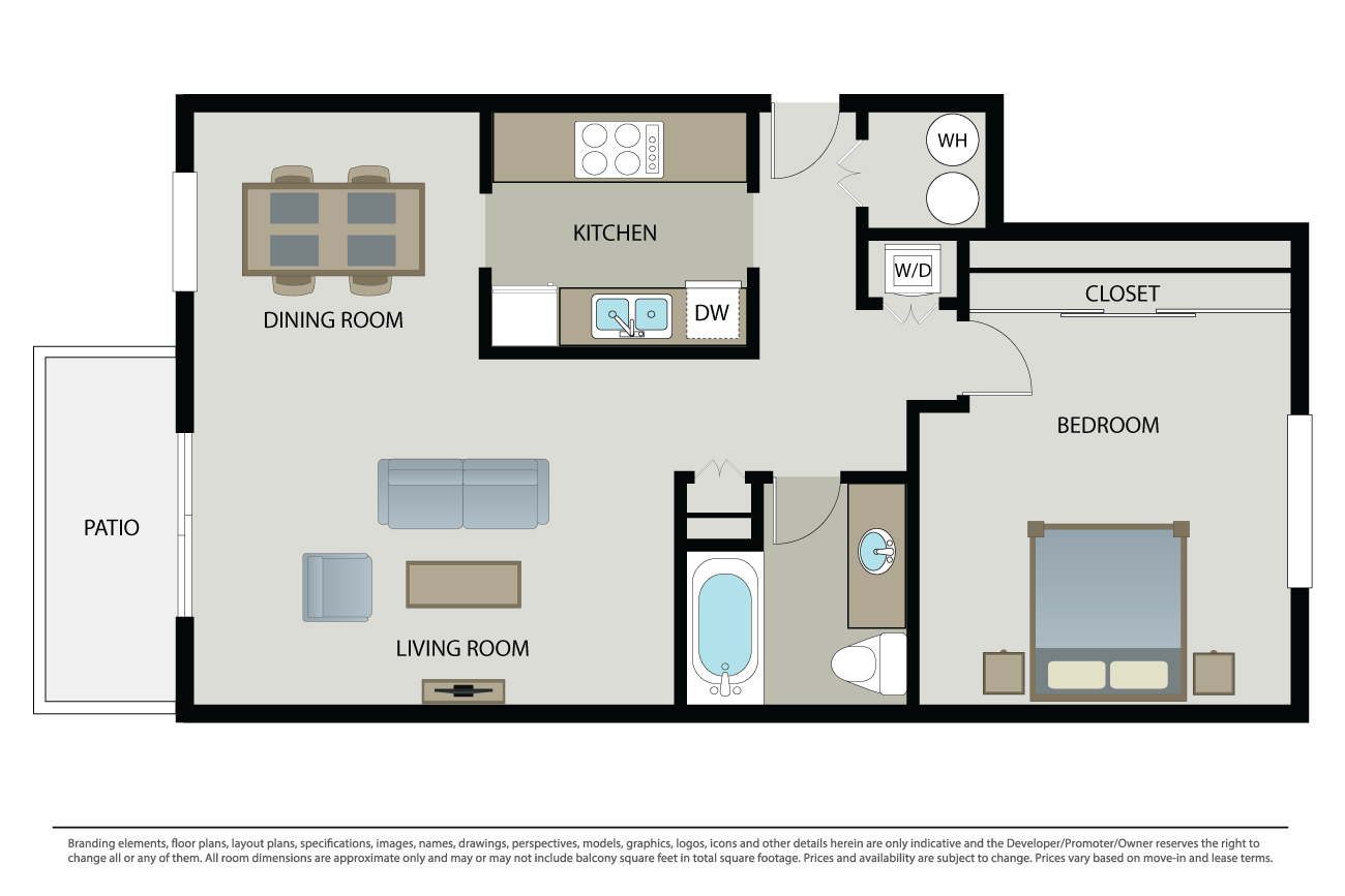 Floor plan for 1 bed, 1 bath, 742 sqft