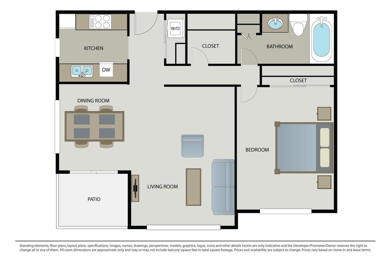 Floor plan for 1 bed, 1 bath, 750 sqft