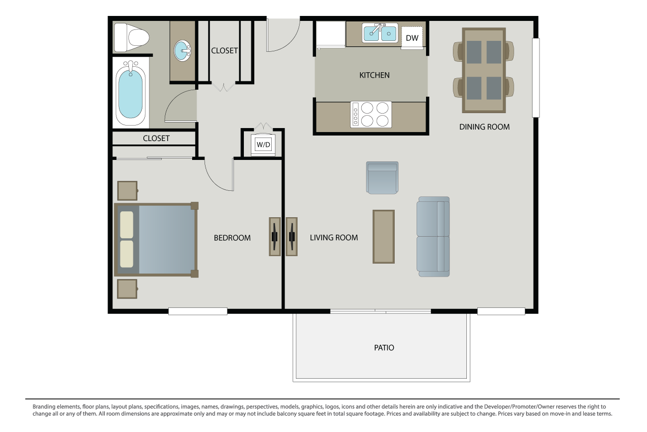 Floor plan for 1 bed, 1 bath, 762 sqft