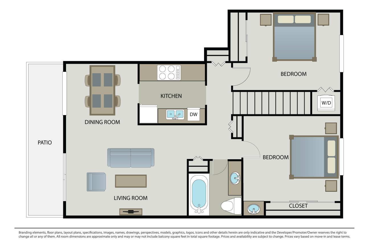 Floor plan for 2 beds, 1 bath, 1000 sqft