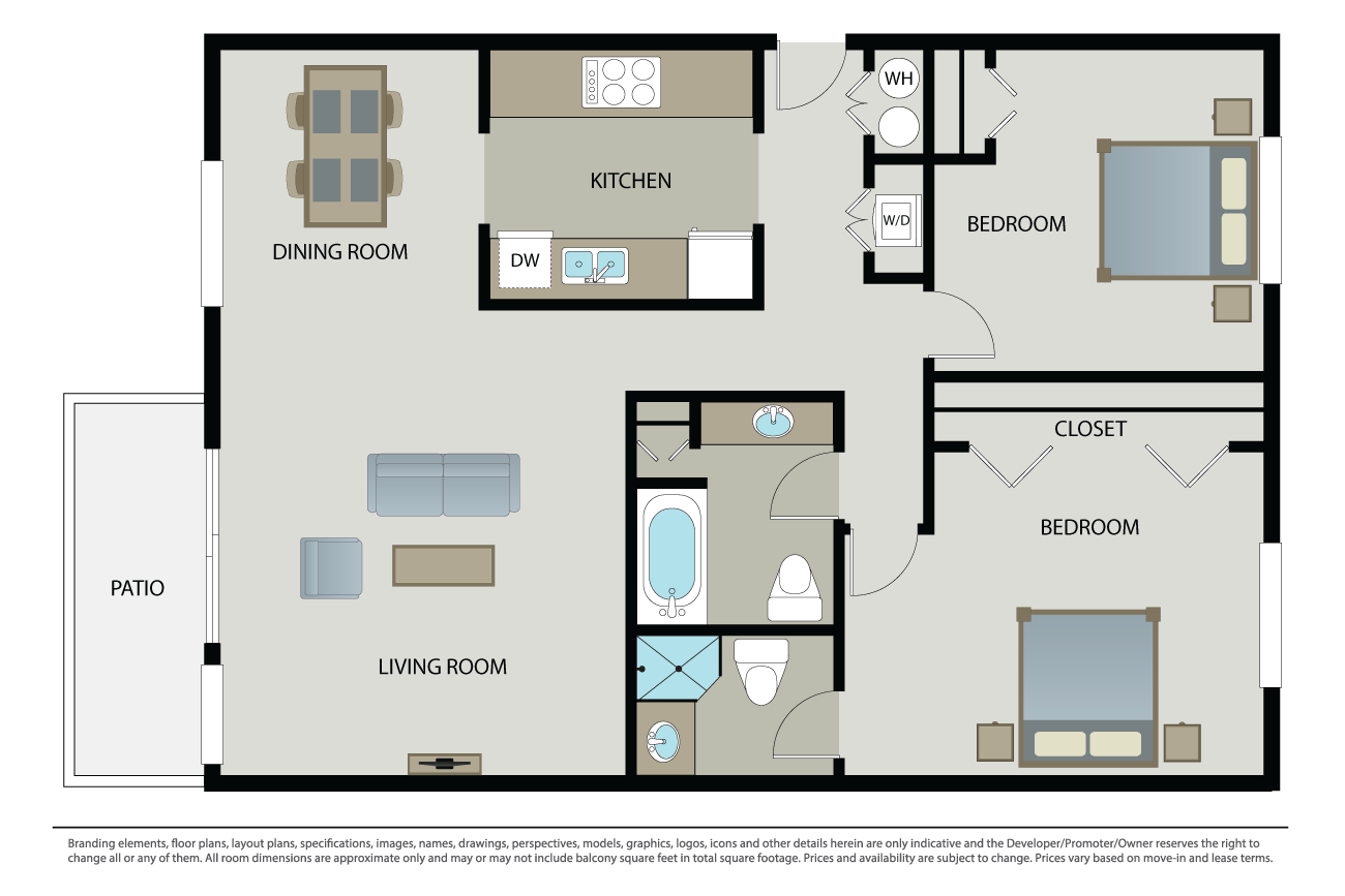 Floor plan for 2 beds, 2 baths, 1020 sqft
