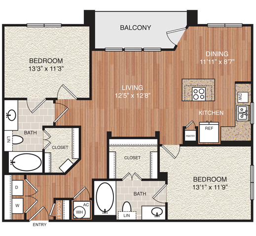Floor plan for 2 beds, 2 baths, 1092 sqft