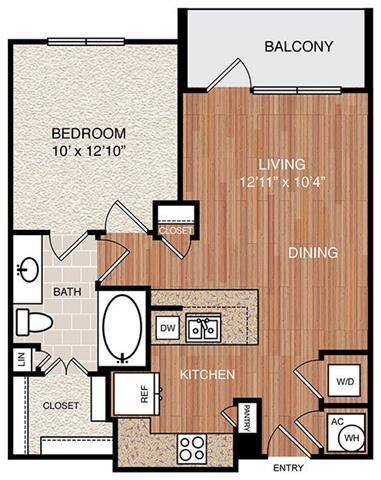 Floor plan for 1 bed, 1 bath, 682 sqft