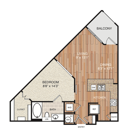 Floor plan for 1 bed, 1 bath, 695 sqft