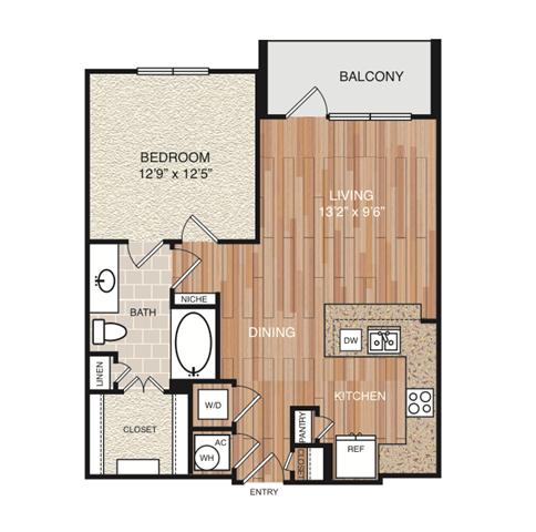 Floor plan for 1 bed, 1 bath, 742 sqft