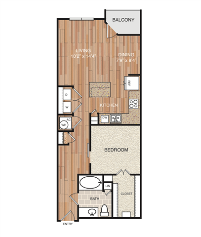 Floor plan for 1 bed, 1 bath, 754 sqft