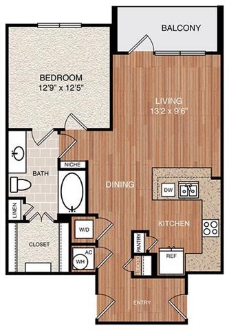 Floor plan for 1 bed, 1 bath, 802 sqft