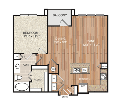 Floor plan for 1 bed, 1 bath, 815 sqft