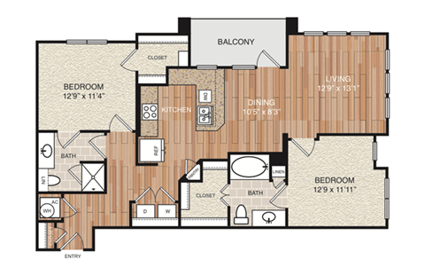 Floor plan for 2 beds, 2 baths, 1084 sqft