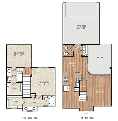 Floor plan for 2 beds, 2.5 baths, 1279 sqft