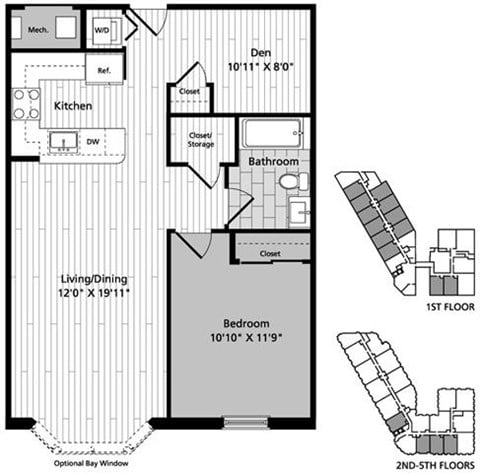 Floor plan for 1 bed, 1 bath, 740 sqft
