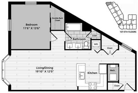 Floor plan for 1 bed, 1 bath, 792 sqft