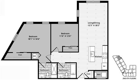 Floor plan for 2 beds, 2 baths, 959 sqft