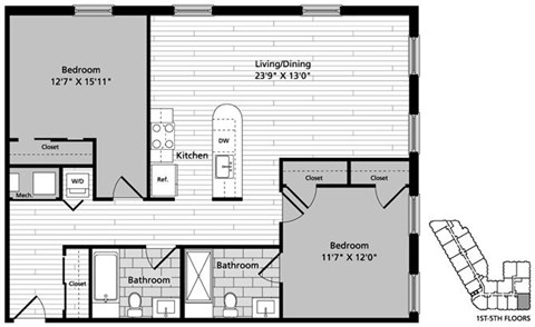 Floor plan for 2 beds, 2 baths, 1020 sqft